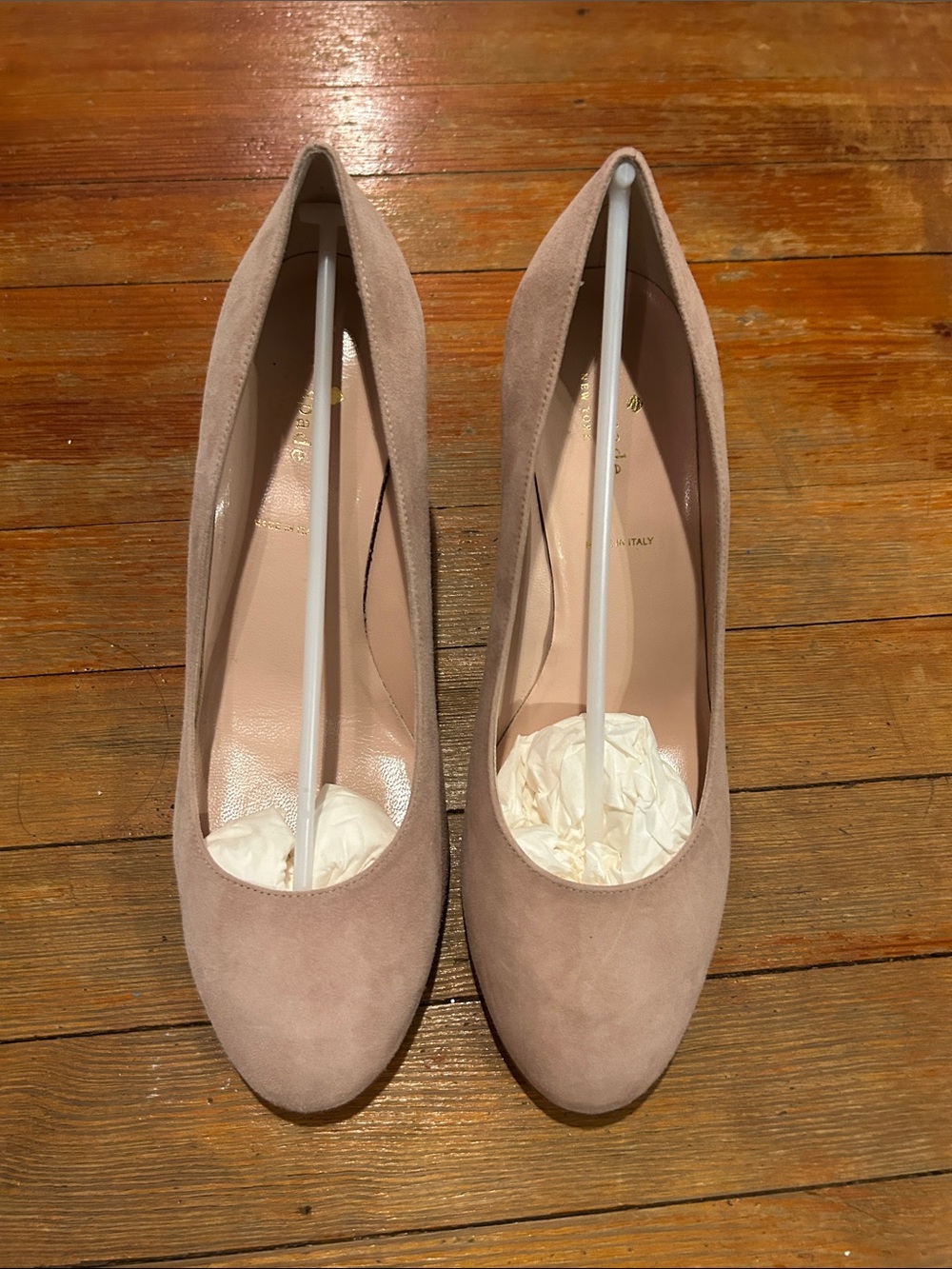 Kate Spade Anastasia Tan Suede Pumps Gold Glitter Stacked Heel NIB 9.5